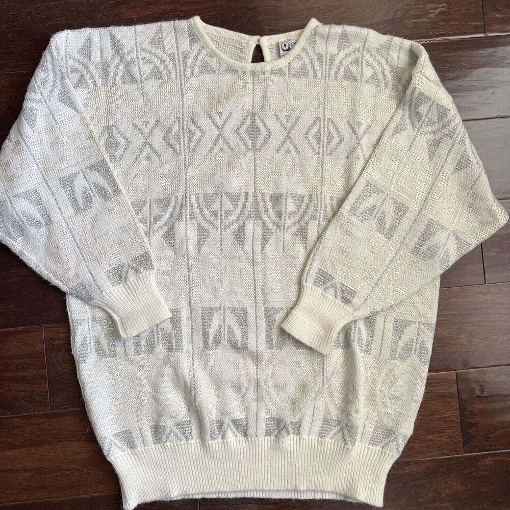 Oui Designer Collection Women Sweater Size XL 3/4Sleeve Ivory W Beige & Silver